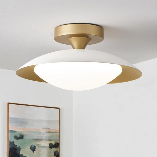 Dimmable White and Gold Ceiling Light, Mid-Century Semi Flush Mount Ceiling Light, Modern LED Lighting Fixture, 5CCT 2700K-6000K Ceiling Lamp with Acrylic Shade for Bedroom Hallway Kitchen, 11.8in