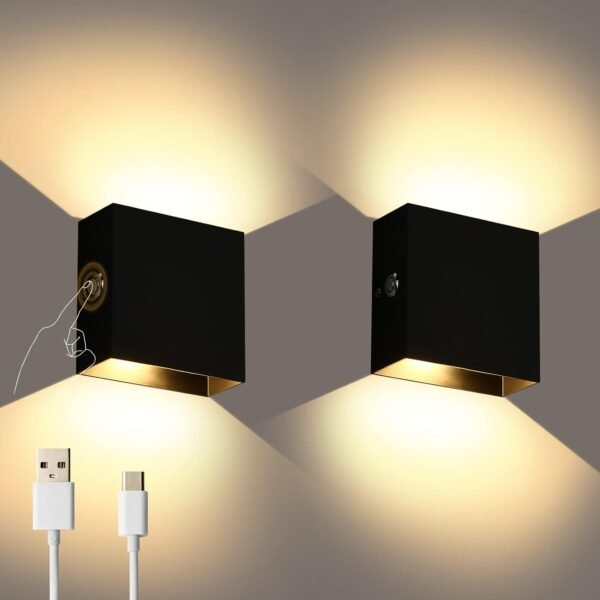 LED Wall Sconce Battery Powered Set of 2, Touch Control Dimmable Wall Lamp Rechargeable Black, Up Down Wall Mount Lights for Hallway Living Room, Warm White, LG9939111