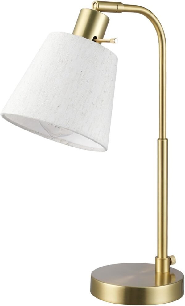 61000057 16" Desk Lamp, Matte Brass Finish, White Linen Shade, Pivot Joint, On/Off Rotary Switch on Socket, E26 Base Bulb, Lamp for Living Room, Home Office, Home Improvement