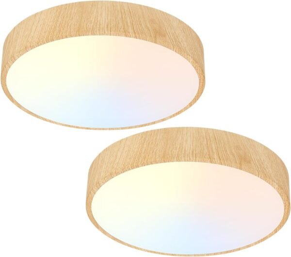 Flush Mount Ceiling Light Fixtures, 12In Painted Wood Grain LED Kitchen Lighting, 3000K/4000K/5000K Dimmable Low Profile Round Flat Ceiling Lamp for Bedroom, Hallway, 20W 1400LM 2Pack
