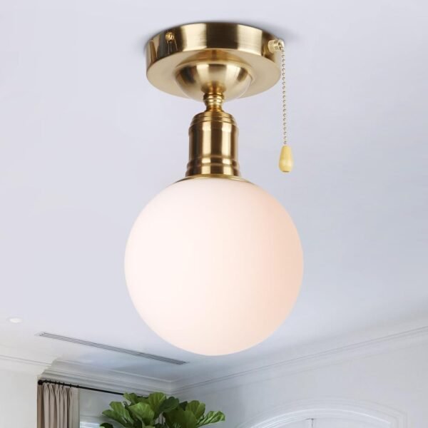 Ceiling Lights Pull Chain Light Fixture, Globe Flush Mount Ceiling Light Fixture, Mid Century Modern Ceiling Lamp for Kitchen Island Dining Room Porch Closet Bedroom Entryway, Brass, E12