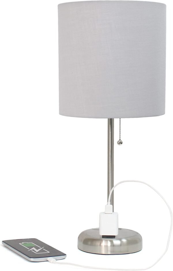 Sleek and Slender Brushed Steel Table Lamp with Charging Outlet, for Bedroom, Living Room, Entryway, Office, Dining Room, Study, Gray Shade