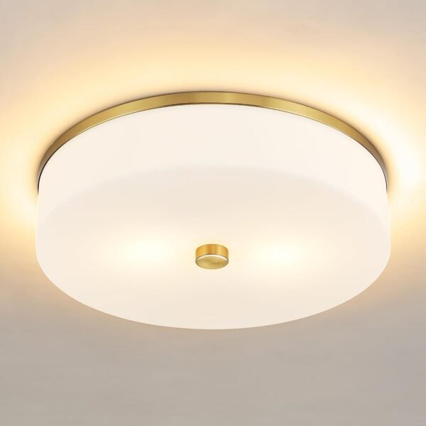 Flush Mount Ceiling Light Fixture, Modern Brushed Gold Bathroom Ceiling Light with Drum Milky White Acrylic Shade, Kitchen, Living Room,