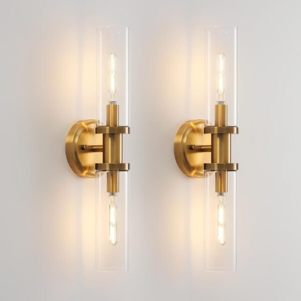 Wall Sconces Set of Two Brushed Brass Gold 🔥🔥🔥 Sconces Wall Lighting with Clear Glass Wall Lamp Modern Wall Sconce Wall Light Fixtures Sconces Wall Decor Set of 2 Wall scones, Wall Lights Set of 2