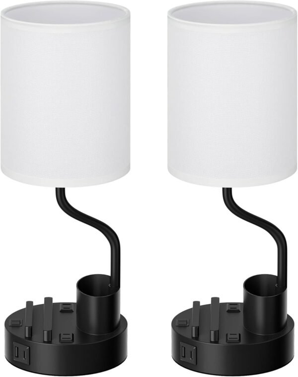 White Bedside Table Lamps for Bedroom Set of 2 - Nightstand Light with AC Outlet and USB A & C for Charging, 3 Color Temperatures Desk Lamp with Pen Holder & Phone Stand for Living Room/Dorm/Office