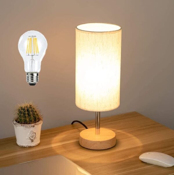Bedside Lamp with USB Port Touch Control Table Nightlight for Bedroom Wood 3 Way Dimmable Nightstand with Round Flaxen Fabric Shade for Living Room, Dorm, Home Office