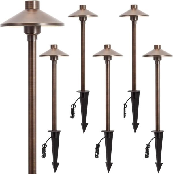 Solid Brass Low Voltage Pathway Lights (6.7'' Shade, 21.9'' Tall), 12V AC/DC Heavy Duty LED Landscape Path Lights Outdoor Wired, Antique Bronze Walkway Lights with Larger Stake, 6-Pack