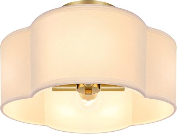 4-Light Semi Flush Mount Ceiling Light Fixture, Gold Modern Close to Ceiling Lamp with White Fabric Shade, Farmhouse Bright Lighting Brass Finish for Nursery Kids Room Bedroom Kitchen Hallway Entryway