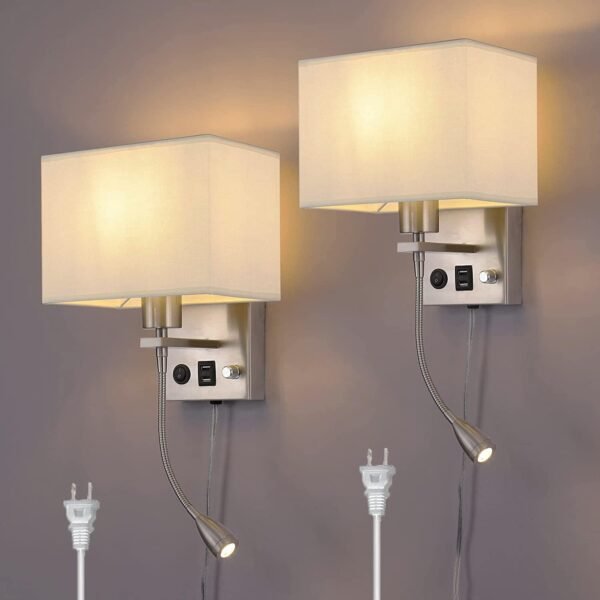 2-Pack Bedside Lights Wall Sconce,Plug in Wall Lamp with Two USB Charging Ports, Dimmable Wall Light Reading Lamp Fabric Shade with On/Off Switch,for Home Hotel Bedside Wall Lamp Brushed Nickel