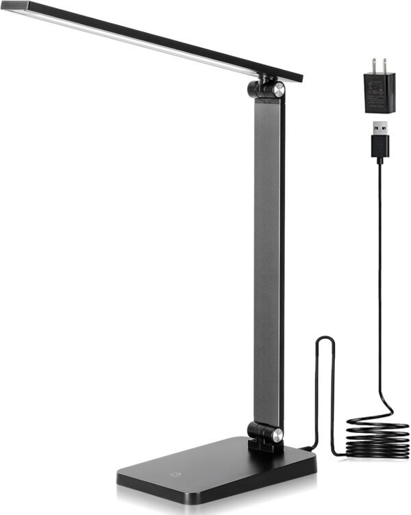 Desk Lamp for Home Office, 3 Levels Dimmable Desk Light with USB Charging Port, Small Study Lamp, Reading Light for Table, Black, 5000K