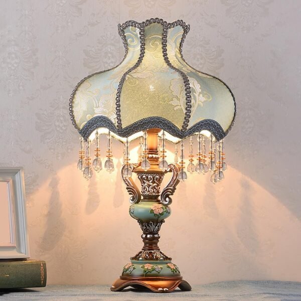 Lovely Table Lamp with Fabric Lampshade, Antique Flower  Bedside Desk Lamp, Crystal Night Light for Bedroom Nightstand, Blue Finish