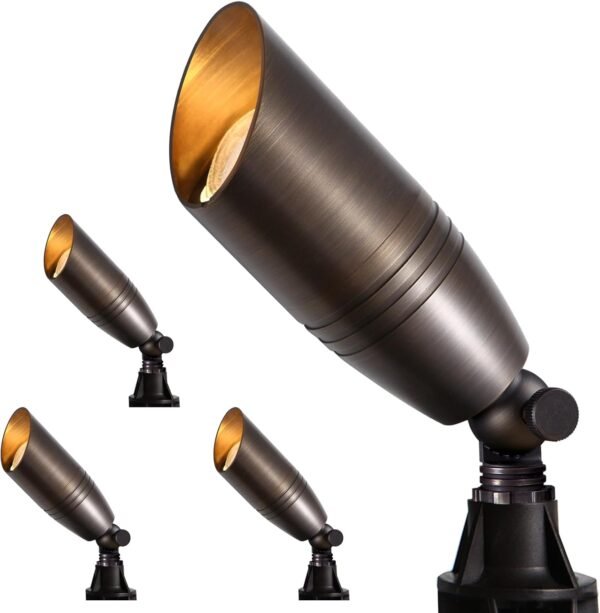 Solid Brass Outdoor Landscape Spotlights, 12V Heavy Duty Low Voltage LED Landscape Lights Waterproof for Garden Uplighting, Bronze Accent Lighting Fixture Without Bulb (Classic, 4 Pack)