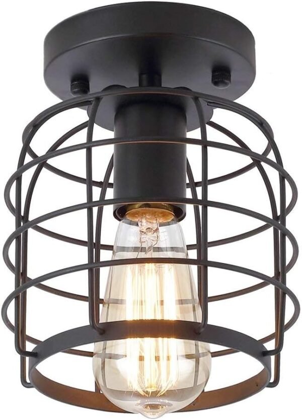 Industrial Vintage Flush Mount Ceiling Light,Rustic Metal Cage Pendant Lighting Lamp Fixture for Hallway Stairway Kitchen Garage, E26, Black Painting Finish