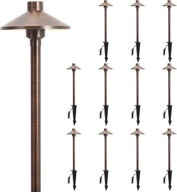 Solid Brass Low Voltage Pathway Lights (6.7'' Shade, 21.9'' Tall), 12V AC/DC Heavy Duty LED Landscape Path Lights Outdoor Wired, Antique Bronze Walkway Lights with Larger Stake, 12-Pack