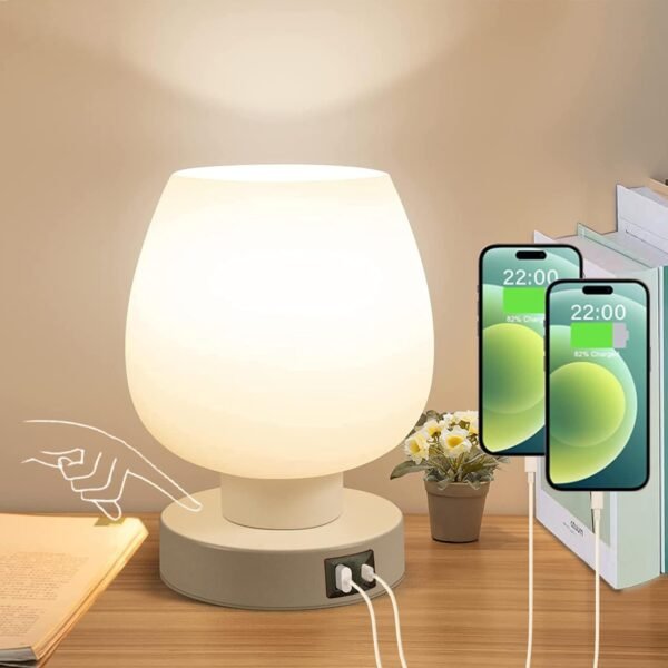 Touch Bedside Table Lamp with 2 USB Charging Ports, 3 Way Dimmable Bedside Lamp with White Opal Glass Lamp Shade, Touch Table Lamp for Bedroom Nightstand, Living Room, Home Office, Dorm