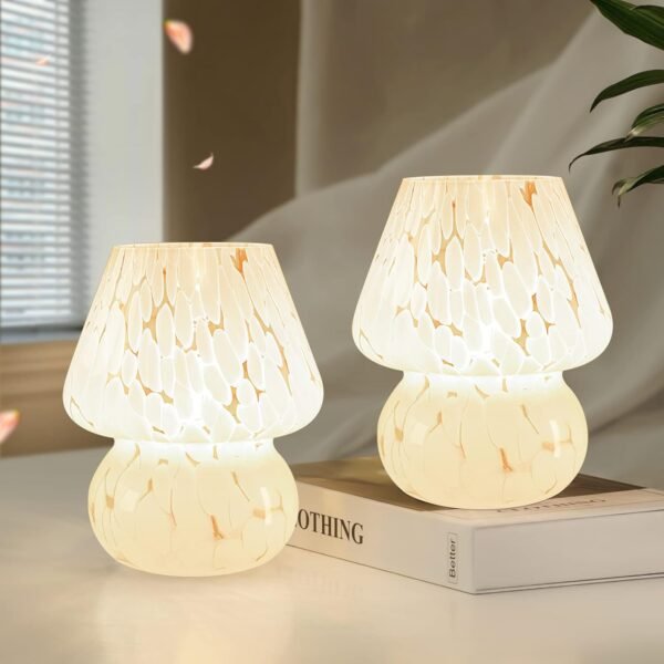 Cute Mushroom Lamp Small Bedside Table Lamp Set of 2 Stepless Dimmable, Translucent Glass White Nightstand Lamp for Bedroom Dorm Kids Room Living Kitchen, Murano Aesthetic Home Decor