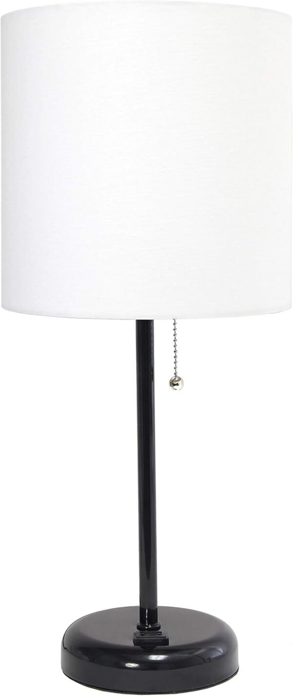 Black Stick Table Desk Lamp with Charging Outlet and Drum Fabric Shade, White