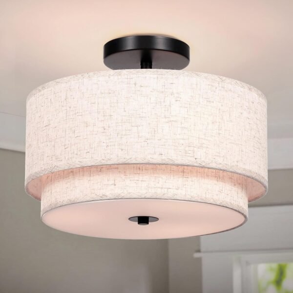 Light Semi Flush Mount Ceiling Light Modern Close to Ceiling Light Fixture with 2-Layer Fabric Shade Light Fixtures Ceiling Mount for Bedroom Living Room Kitchen Foyer Hallway