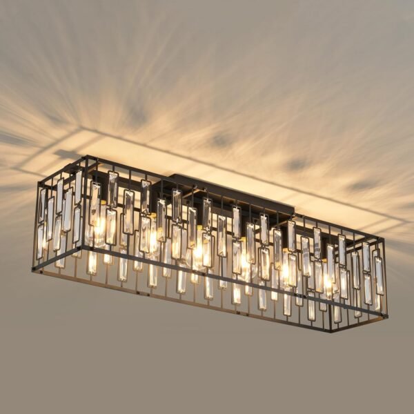 38.7 inch Modern Ceiling Light,6-Light Crystal Chandelier Black Rectangle Chandeliers, Dining Room Light Fixture Flush Mount for Living Room Kitchen Island Bar