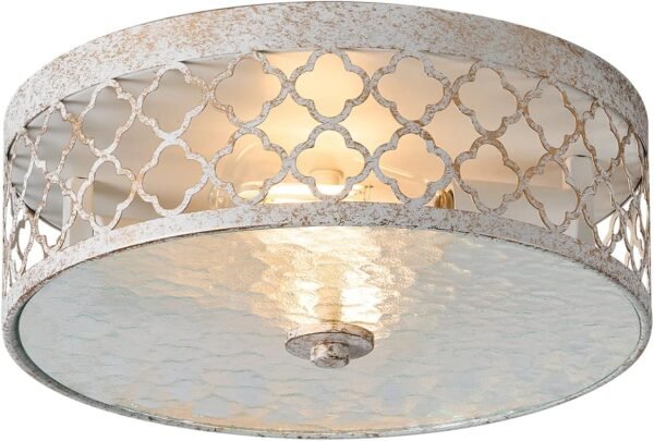 Flush Mount Ceiling Light, 13-inch Ceiling Light Fixtures Metal Cage Drum Shade, 2 Kitchen Light Fixtures, Rustic Antique White Style Ceiling Light,