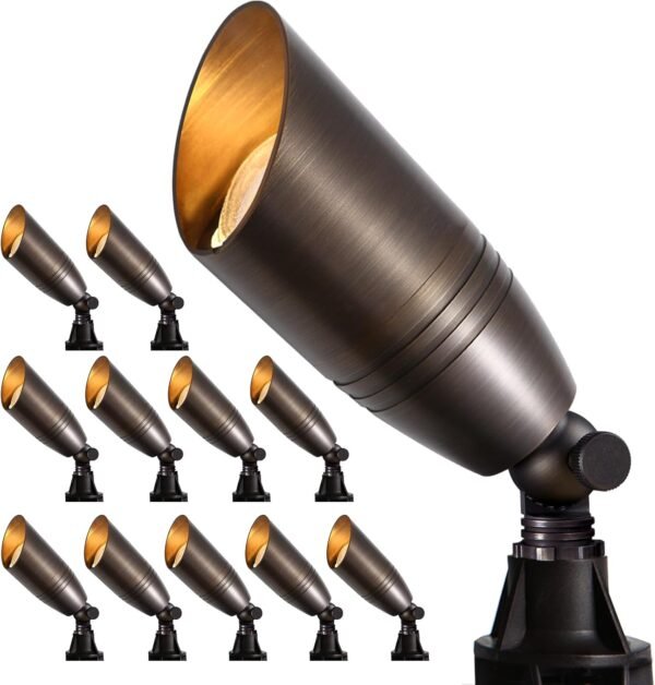 Solid Brass Outdoor Landscape Spotlights, 12V Heavy Duty Low Voltage Landscape Lighting, LED Spot Light Fixture Waterproof, Bronze Uplight Without MR16 Bulb (Classic, 12pack)