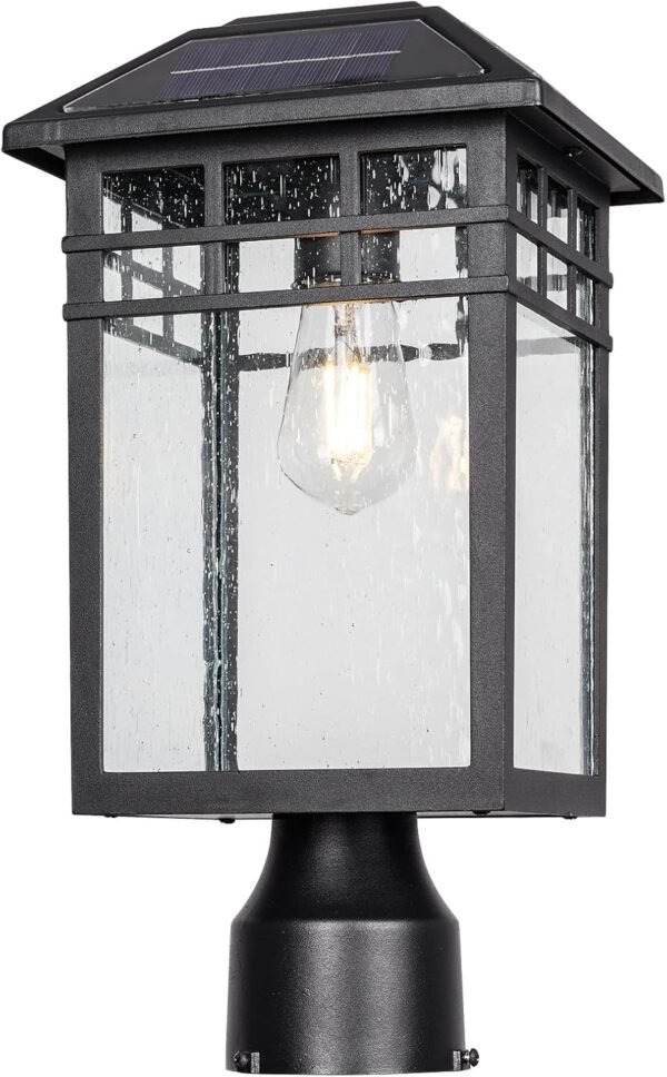 Solar Outdoor Post Light Fixture, Modern Exterior Pillar Lantern with Black Finish & Seeded Glass, Dusk to Dawn Outside Pole Light for Garden, Backyard, Courtyard, Patio, Pathway