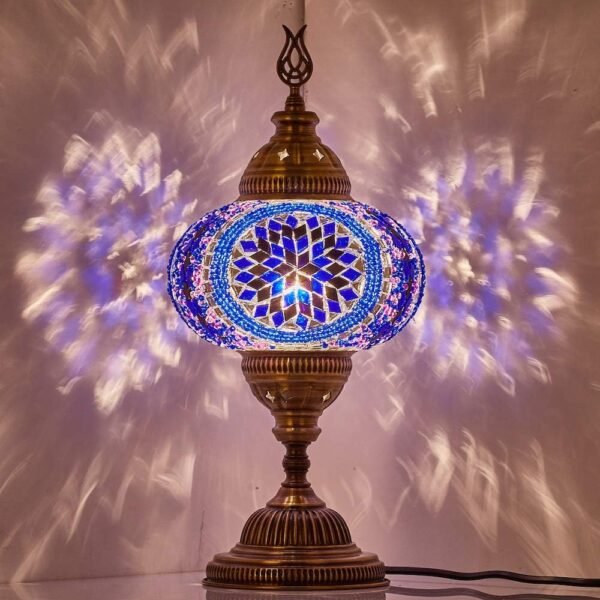 Genuine 7" Turkish Mosaic Table Lamp – Handmade Tiffany-Style Moroccan Glass Lampshade, Colorful Desk Bedside Light, Exotic Living Room, Bedroom, Office r – Unique Gift, 14''H, Indigo