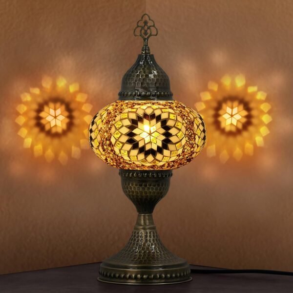 Turkish Moroccan Mosaic Lamp, Handmade, Night Light, Tiffany Style, Vintage,  Glass Table Lamp for Bedroom, Office, Living Room and Ideal Gift for Special Days (Gold)