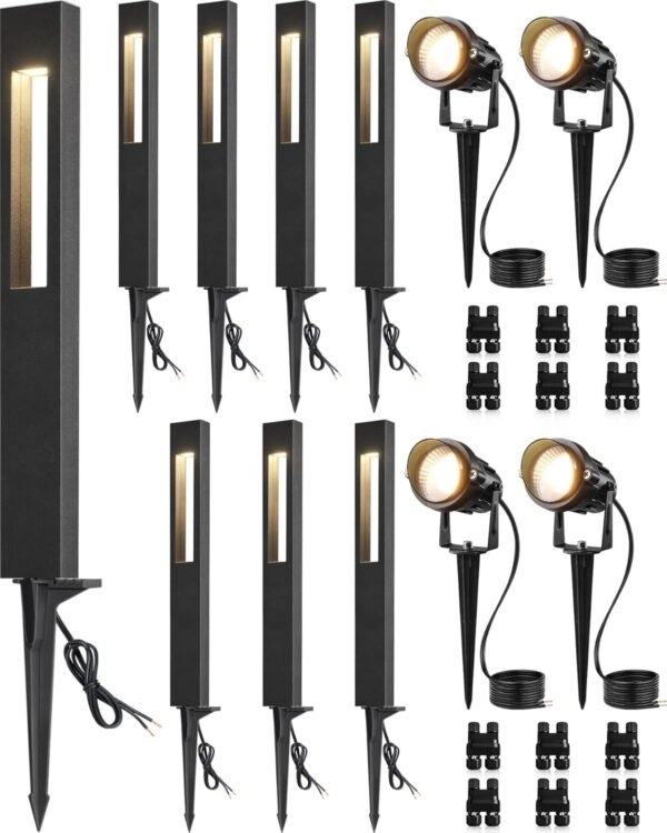 12-Pack Low Voltage Pathway Lights Wired with Spotlights LED Outdoor Landscape Lighting Kit for Path, Garden, Yard, Patio, Cast-Aluminum, IP65 Waterproof, 12-24V AC/DC, 3000K Warm White, Black