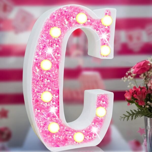 Light Up Letters, Glitter Alphabet Letter Sign Pink  Marquee Letter Lights Battery Powered for Night Light Girls Bedroom Birthday Party Wedding Home Christmas Decorations Gift for Her-Pink C