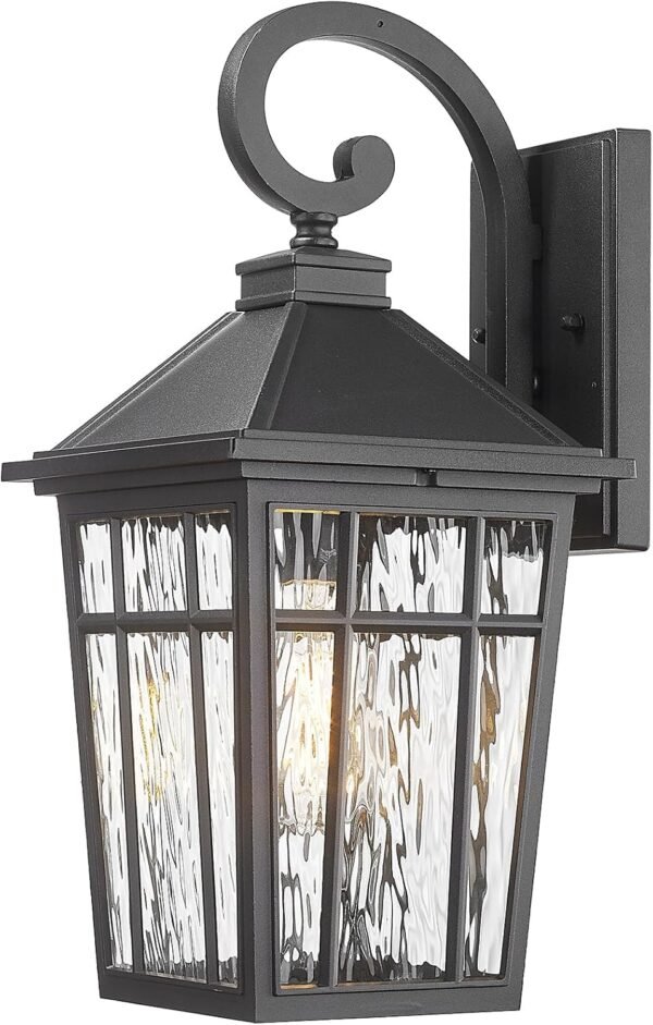 Outdoor Wall Lights 14 Inch Exterior Waterproof Lighting Fixtures Aluminum Material and Water Ripple Glass E26 Socket Black Outdoor Lights for House Garages