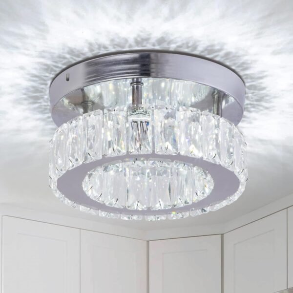 Modern Crystal Chandelier Small Flush Mount Ceiling Light Fixture LED Crystal Ceiling Light for Dining Room Bedroom Living Room Hallway (Cool White)