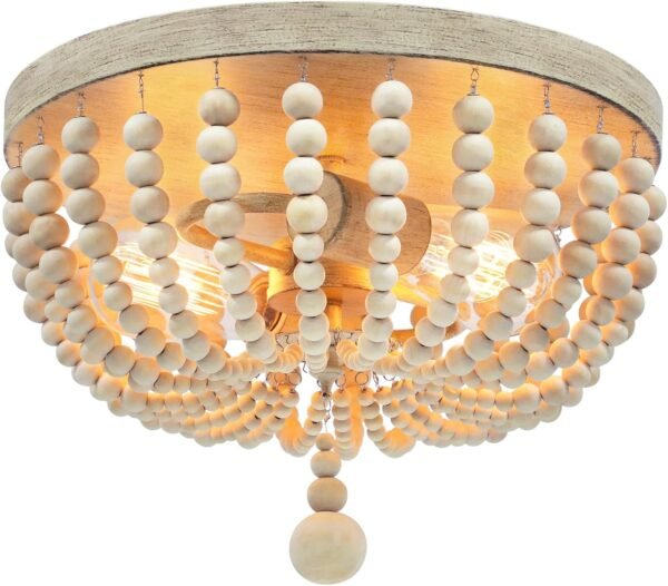 Farmhouse Wood Beaded Chandelier, Bohemia Ceiling Lamp, Rustic 2-Light Pendant Light Fixture, Semi-Flush Mount Ceiling Light for Living Room Entryway Hallway Kitchen Girl’s Room Baby’s Nursery, Oak