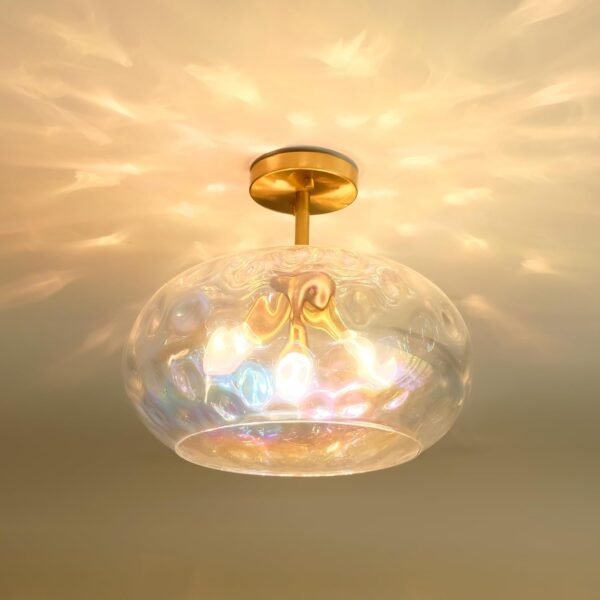 Brass Gold Semi Flush Mount Ceiling Fixture Large Hammered Glass Shade Modern Close to Ceiling Light 14" Art Lampshade for Hallway Foyer Bedroom (Stained Glass Shade, 14 Inches)