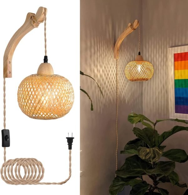 Bamboo Lantern Plug in Wall Sconces Wicker Wall Lamp with Plug in Cord Hand Woven Rattan Wall Light Farmhouse Rustic Wall Sconces Boho Sconces Wall Lighting for Living Room Bedroom