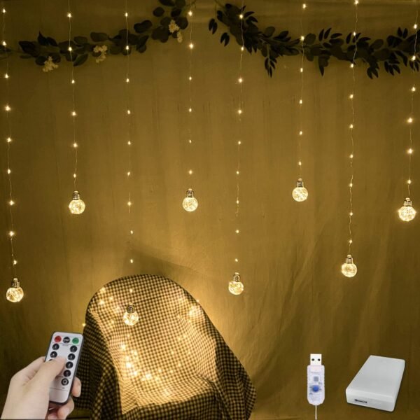 Wishing Ball Curtain Lights 200 LED Window Curtain String Lights with Remote, USB Battery Powered Twinkle  Fairy Lights for Wedding Party Bedroom Christmas Decoration (Warm White)