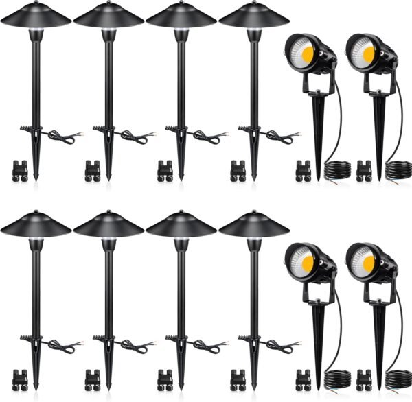 Low Voltage Landscape Lighting 12V Landscape Lighting Kit with Connectors, Low Voltage Pathway Lights with Spotlights Aluminum Pathway Lights Wired Waterproof for Patio Yard Garden, 12 Pack