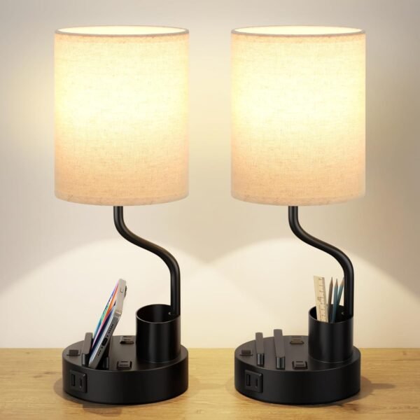 Bedside Table Lamps for Bedroom Set of 2 - Nightstand Light with AC Outlet and USB A & C for Charging, 3 Color Temperatures Desk Lamp with Pen Holder & Phone Stand for Living Room/Dorm/Office