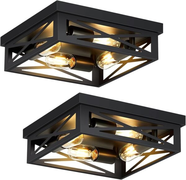 Flush Mount Ceiling Light Fixture,Farmhouse Ceiling Light Fixture,2 Pack Square Black Ceiling Light Metal Cage Ceiling Lamp Fixture for Kitchen Entryway Hallway (4-Light Black)