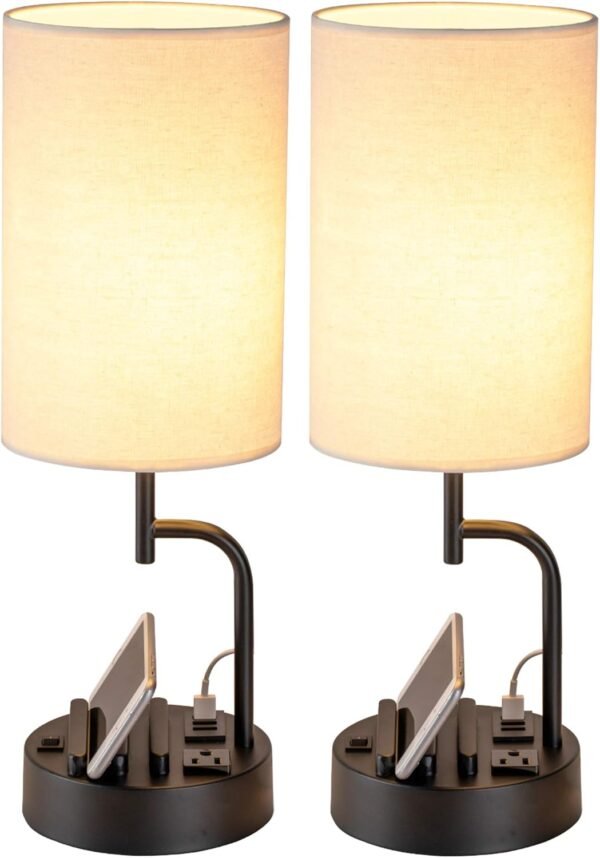 Table Lamp with 3 USB Charging Ports, Modern Desk Lamp with AC Outlet and Phone Stands, Perfect Bedside Lamp for Bedroom, Living Room, Office (Pack of 2), Cream