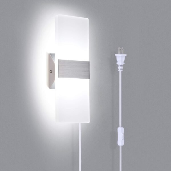 Wall Sconce Plug in, Modern Wall Sconce 12W Wall Mounted Light 6000K Cool White Acrylic LED Wall Lights with 6FT Plug in Cord and On/Off Switch on The Cord(1 Pack, Silver)