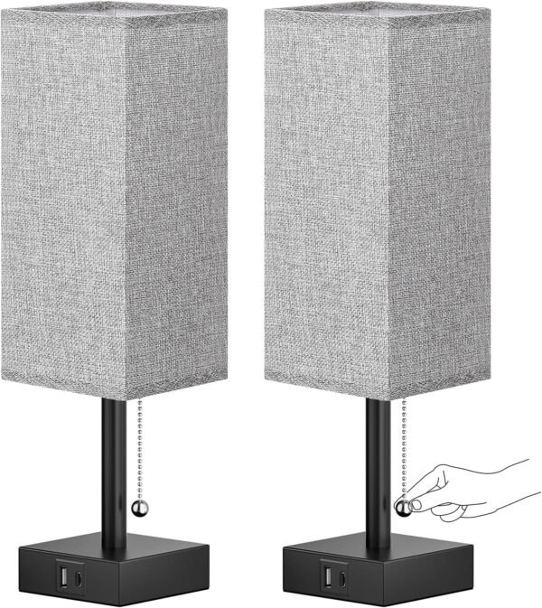 Gray Bedroom Table Lamp Set - Bedside Lamps for Nightstand, Minimalist Pull Chain Lamps with USB Ports, Desk Lamps for Dorm Kids Room