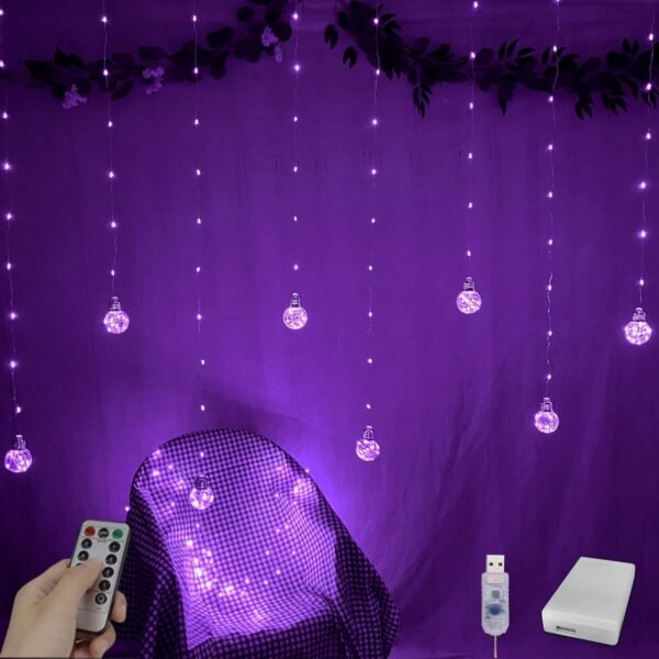 Wishing Ball Curtain Lights 200 LED Window Curtain String Lights with Remote, USB Battery Powered Twinkle  Fairy Lights for Wedding Party Bedroom Halloween Christmas Decoration (Purple)