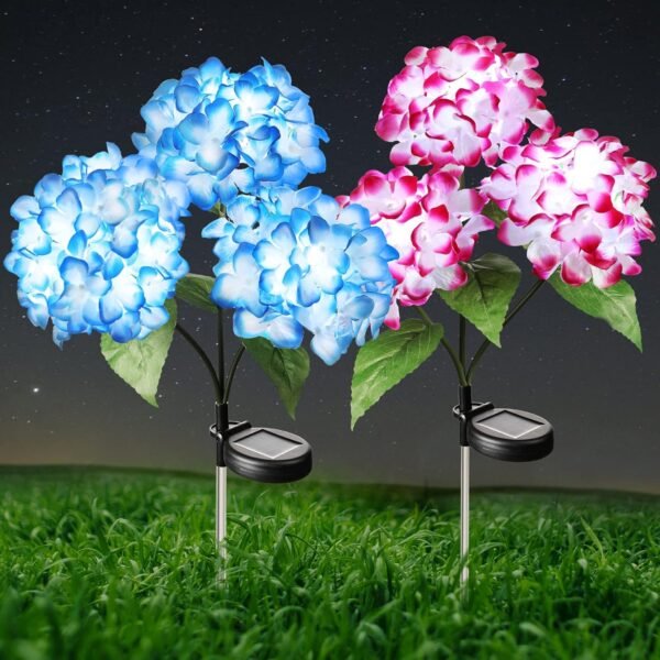 Solar Flower Lights - 2 Pack Waterproof Garden Lights with Solar Hydrangea Stake, Decorative for Patio, Courtyard, Garden Lawn (Blue & Rose Red)