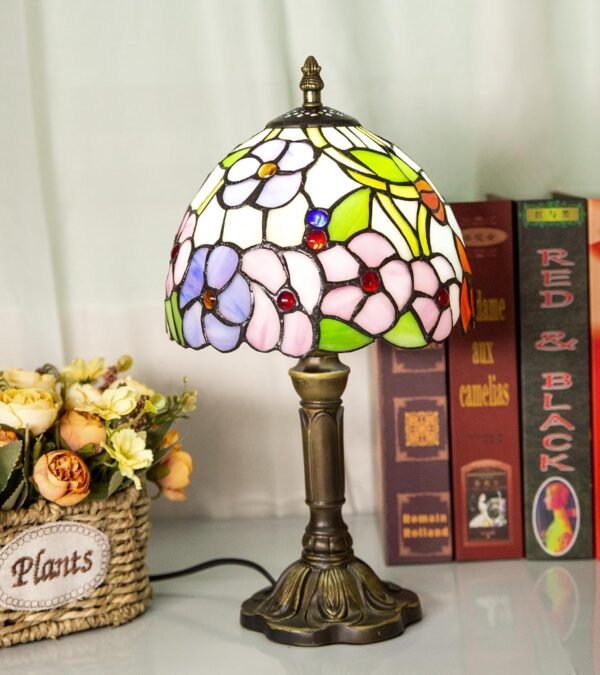 Tiffany Table Lamp, 8X14 inches Stained Glass Lamp,Handmade Vintage Lamp,r Bedside Bedroom Living Room and Study,Include E26 LED Bulb (Four Leaf Flower)