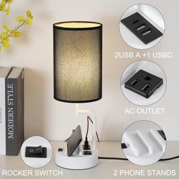 Table Lamp with 3 USB Charging Ports, Modern Desk Lamp with AC Outlet and Phone Stands, Perfect Bedside Lamp for Bedroom, Living Room, Office (Pack of 2), White&Black