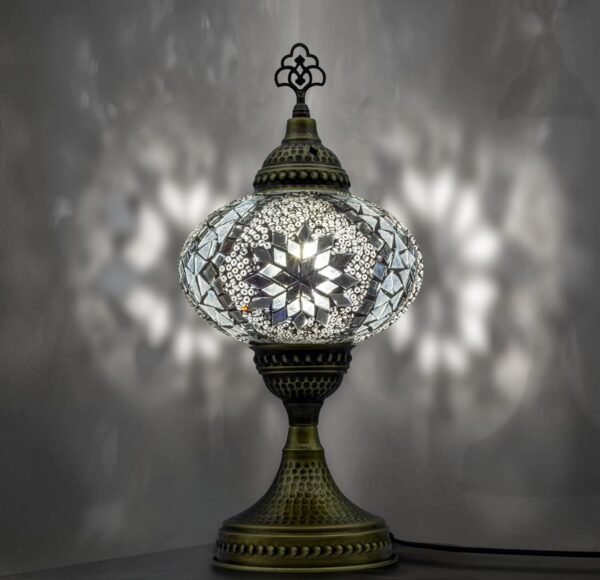 Turkish Moroccan Mosaic Lamp, Handmade, Night Light, Tiffany Style, Vintage,  Glass Table Lamp for Bedroom, Office, Living Room and Gift for Special Days (White)