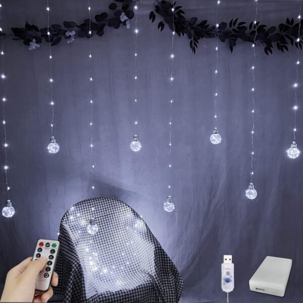 Wishing Ball Curtain Lights 200 LED Window Curtain String Lights with Remote, USB Battery Powered Twinkle  Fairy Lights for Wedding Party Bedroom Halloween Christmas Decoration (White)