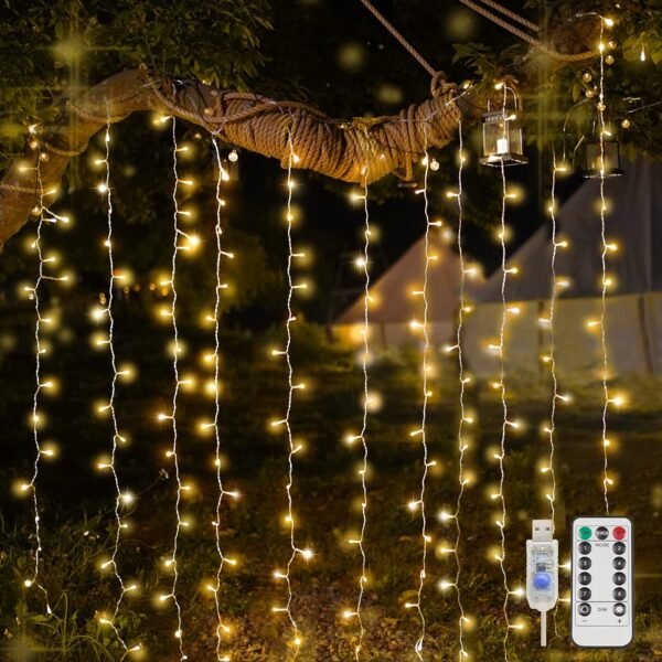 Curtain Lights for Bedroom, 200 Led Hanging String Lights Outdoor, Fairy Curtain Lights Indoor for Dorm, Christmas, Wall, Backdrop, Window, Wedding, Party, Brithday Decor, Warm White
