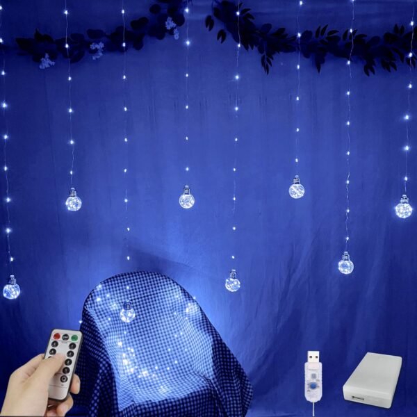Wishing Ball Curtain Lights 200 LED Window Curtain String Lights with Remote, USB Battery Powered Twinkle  Fairy Lights for Wedding Party Bedroom Christmas Halloween Decoration (Blue)